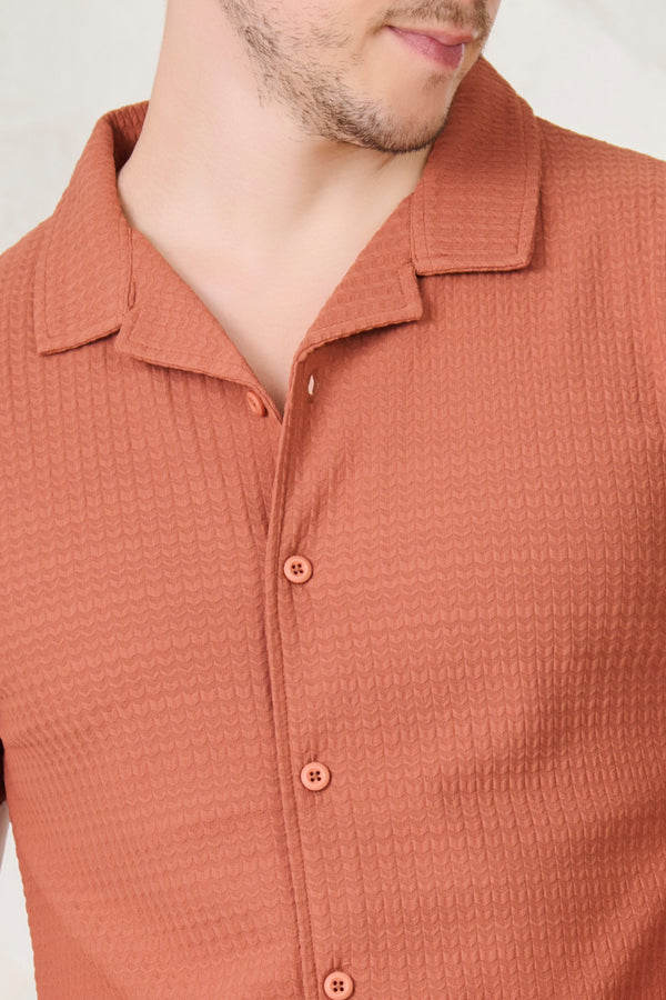 Herringbone Textured Cuban Shirt - ORANGE