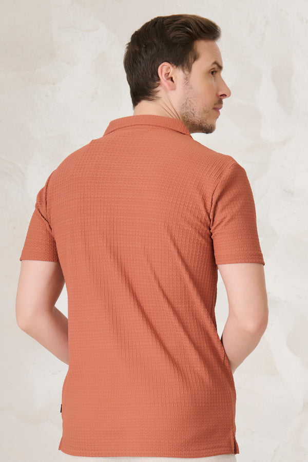 Herringbone Textured Cuban Shirt - ORANGE