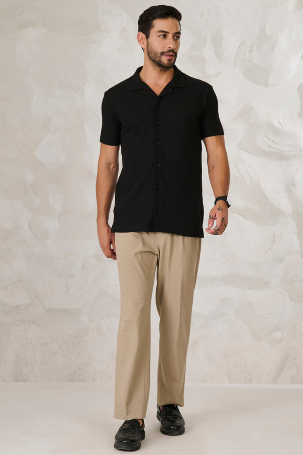 Tile Textured Cuban Shirt - Black