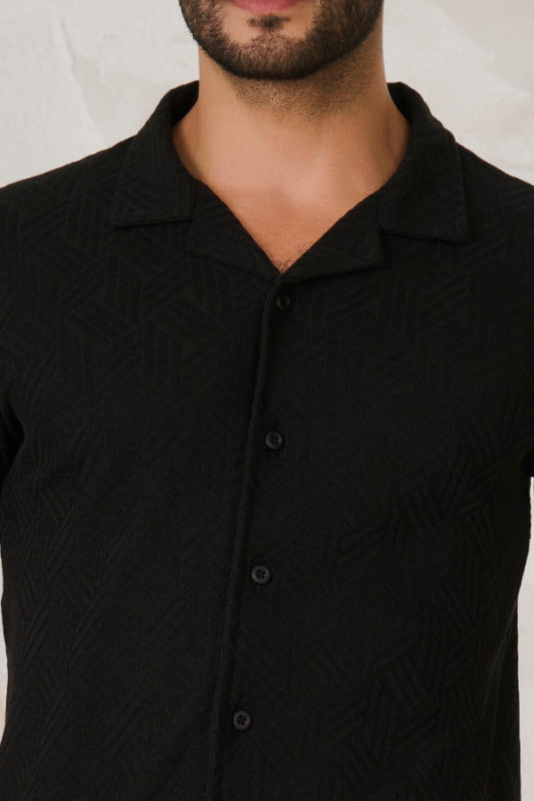 Tile Textured Cuban Shirt - Black