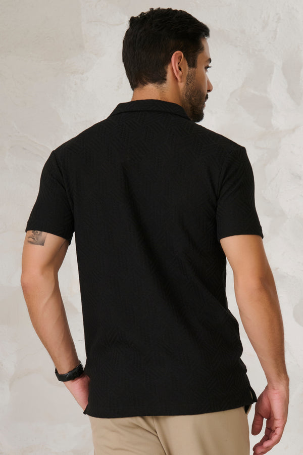 Tile Textured Cuban Shirt - Black