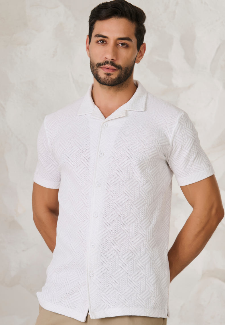 Tile Textured Cuban Shirt - White