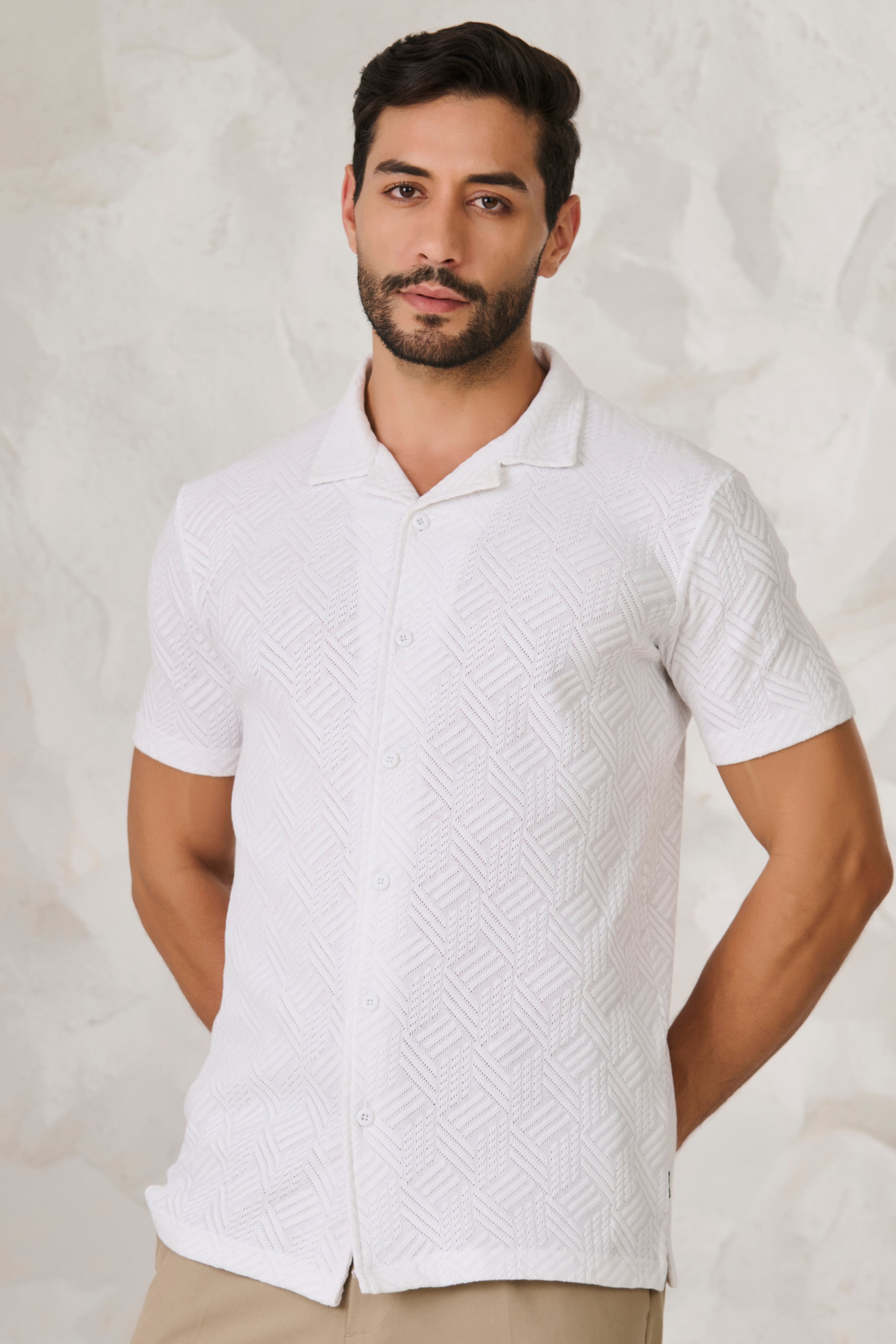 Buy Tile Textured Cuban Shirt - White Online Shopping view 1
