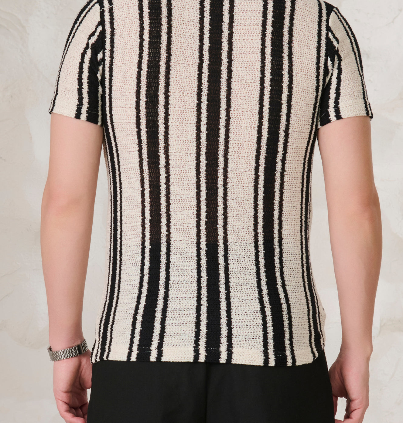Textured Broad Stripe Cuban Shirt - Black