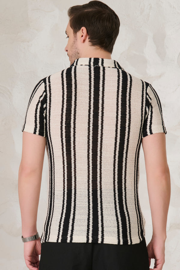 Textured Broad Stripe Cuban Shirt - Black