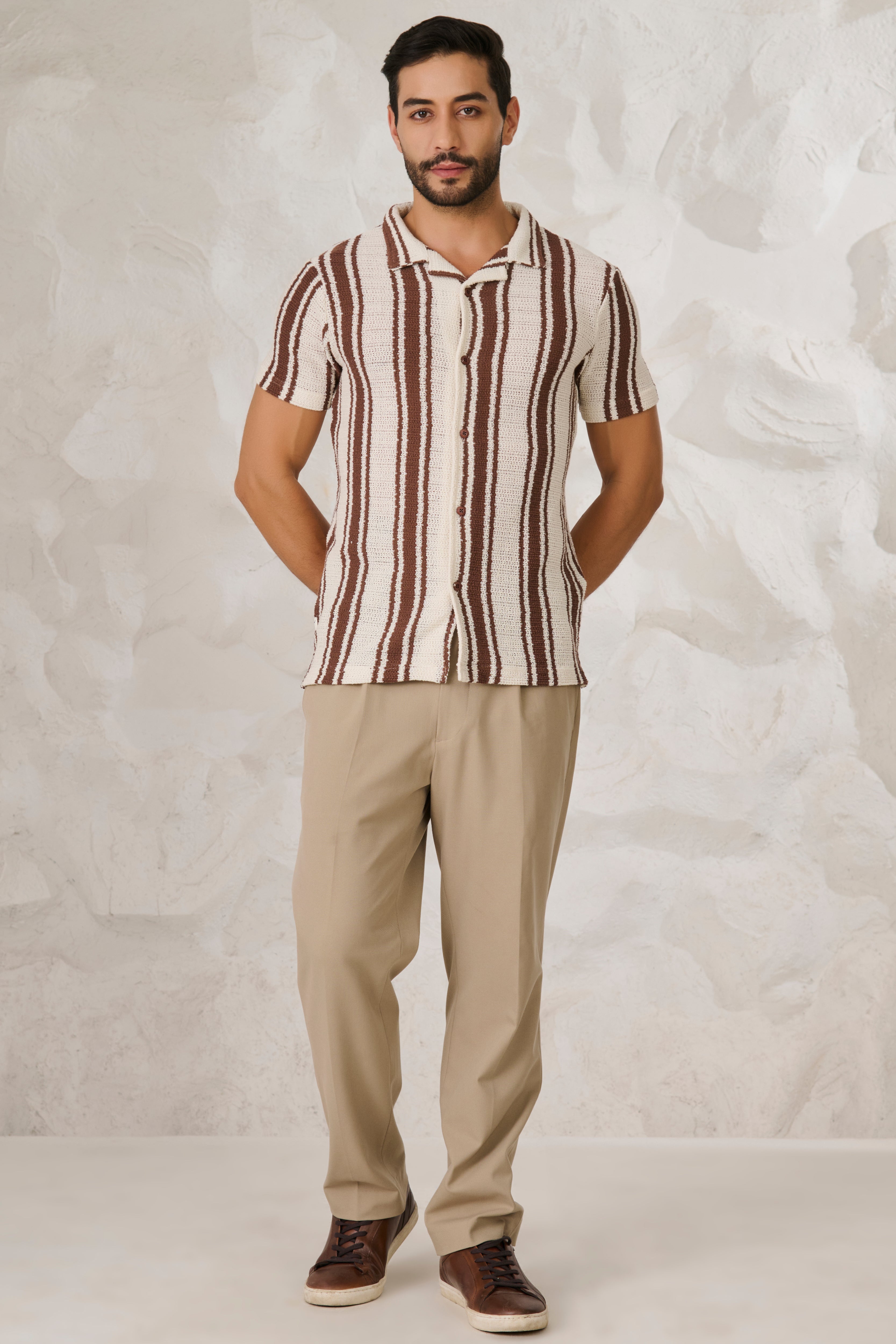Buy Textured Broad Stripe Cuban Shirt - Brown Online Shopping view 5