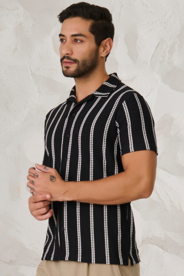 Ladder Stripes Textured Cuban Shirt - Black