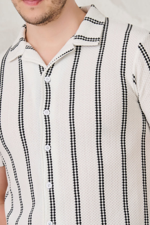 Ladder Stripes Textured Cuban Shirt - White