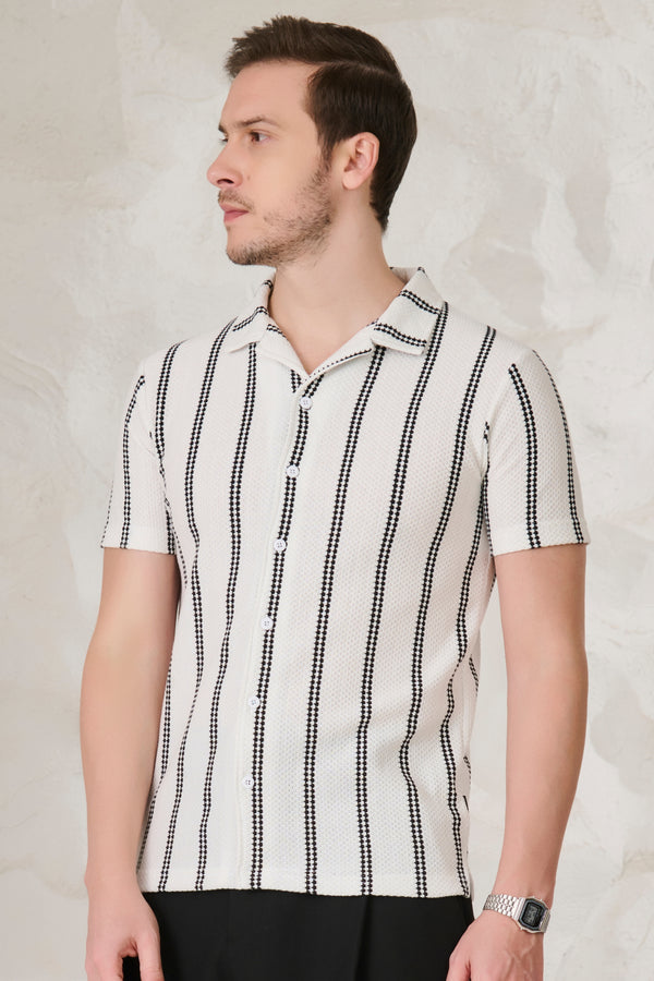 Ladder Stripes Textured Cuban Shirt - White