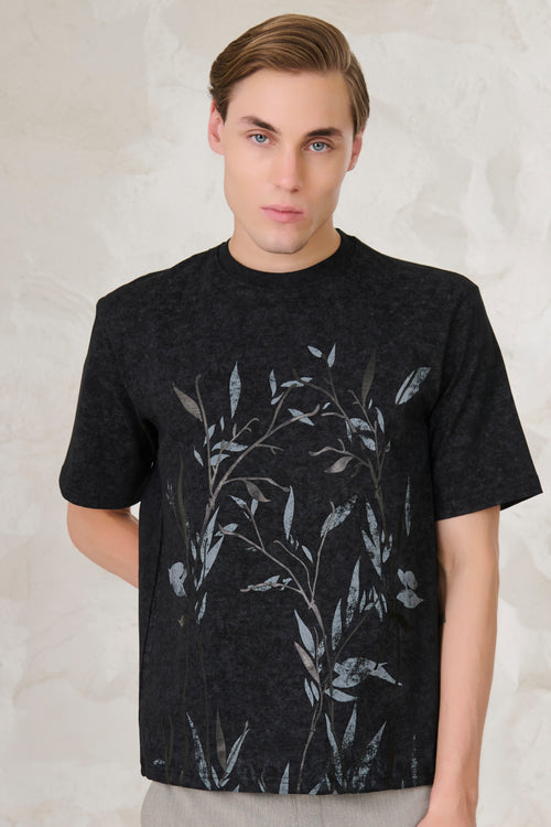 Leaves on Indigo Oversized T-Shirt - Black/Grey