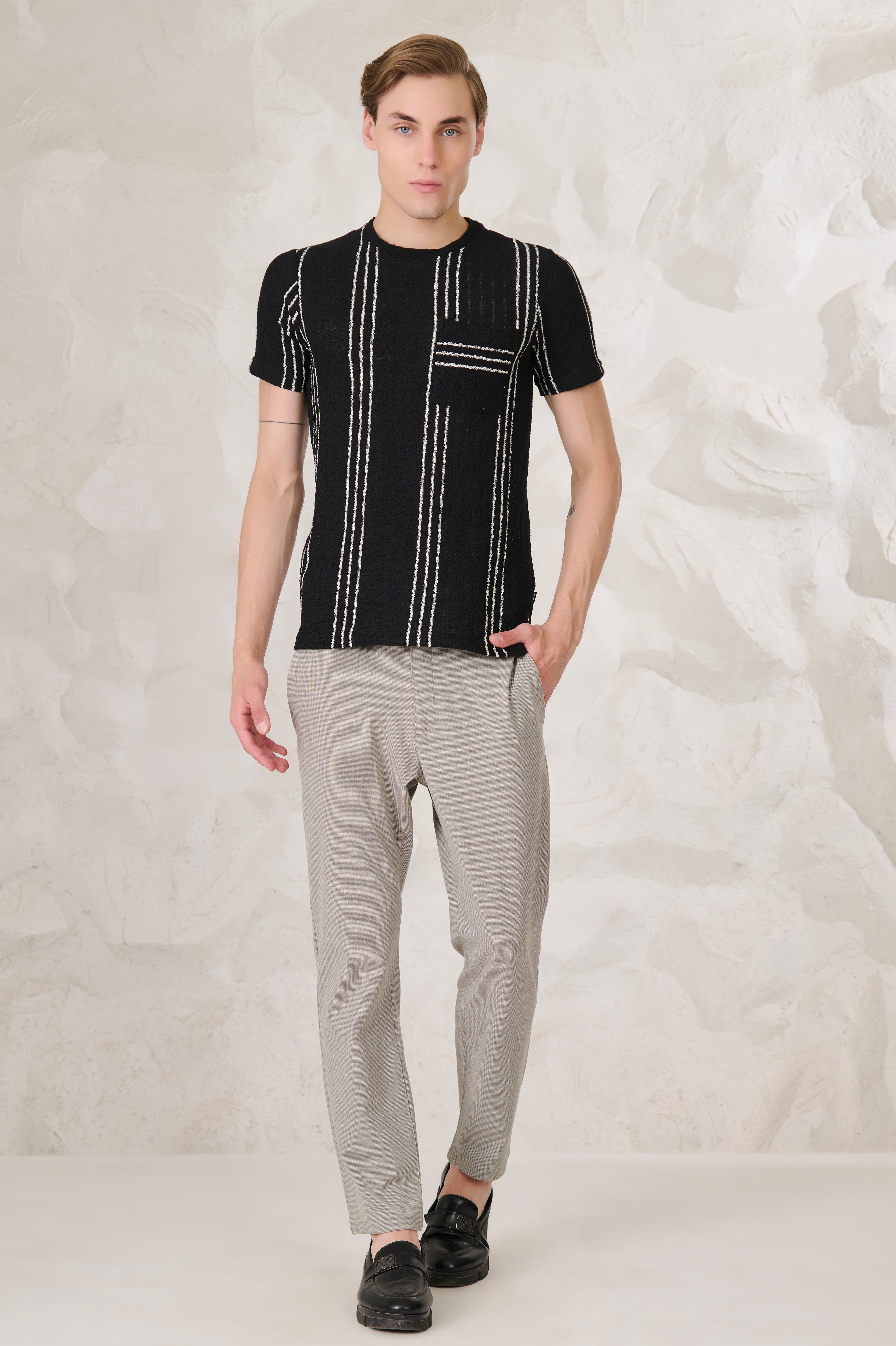 Buy Tri Stripes Textured T-Shirt	- Black Online Shopping view 5