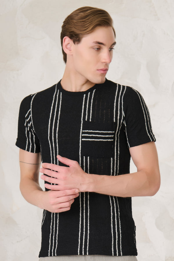 Tri Stripes Textured T-Shirt	- Black