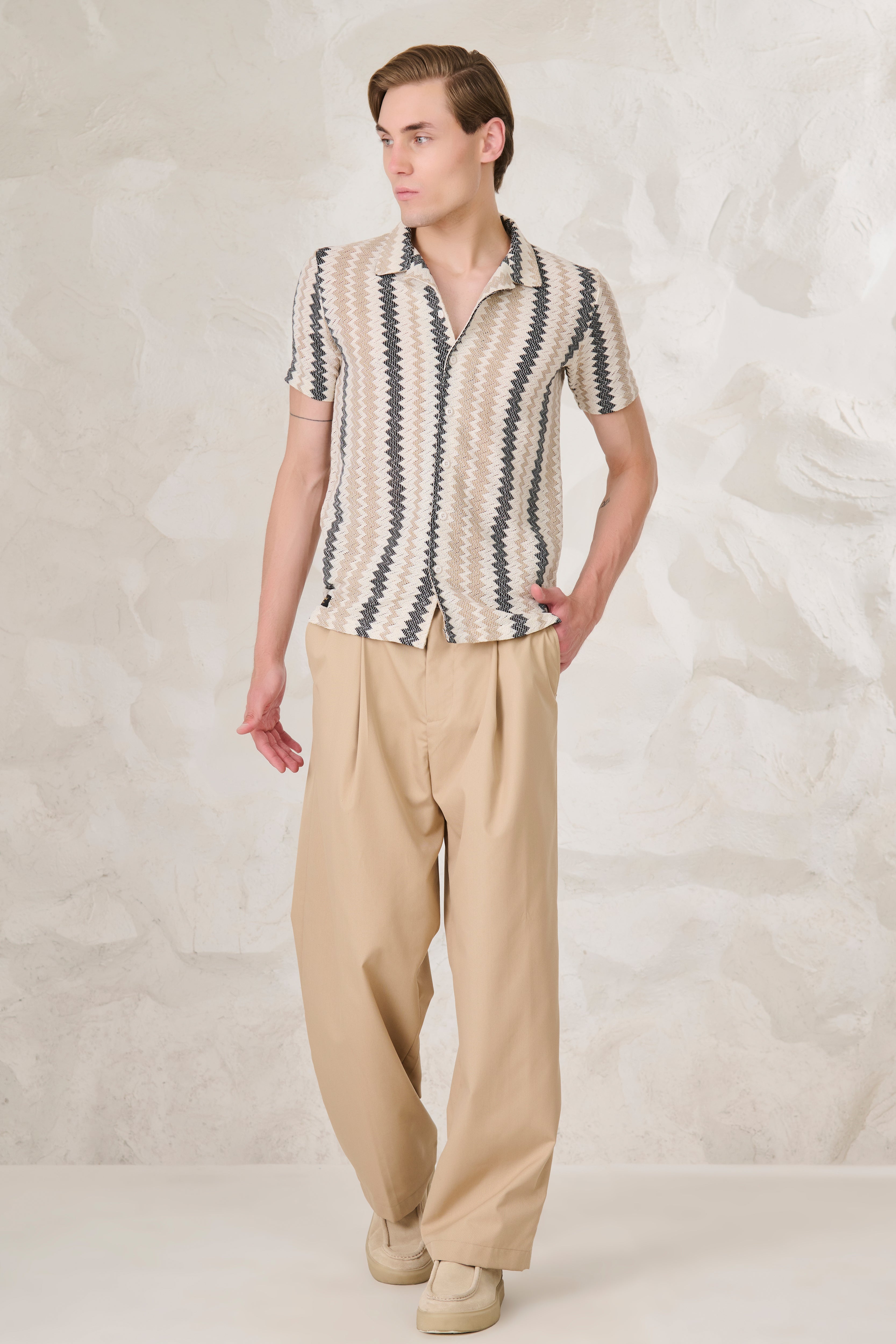 Buy Vertical Waves Textured Cuban Shirt - Offwhite Online Shopping view 5