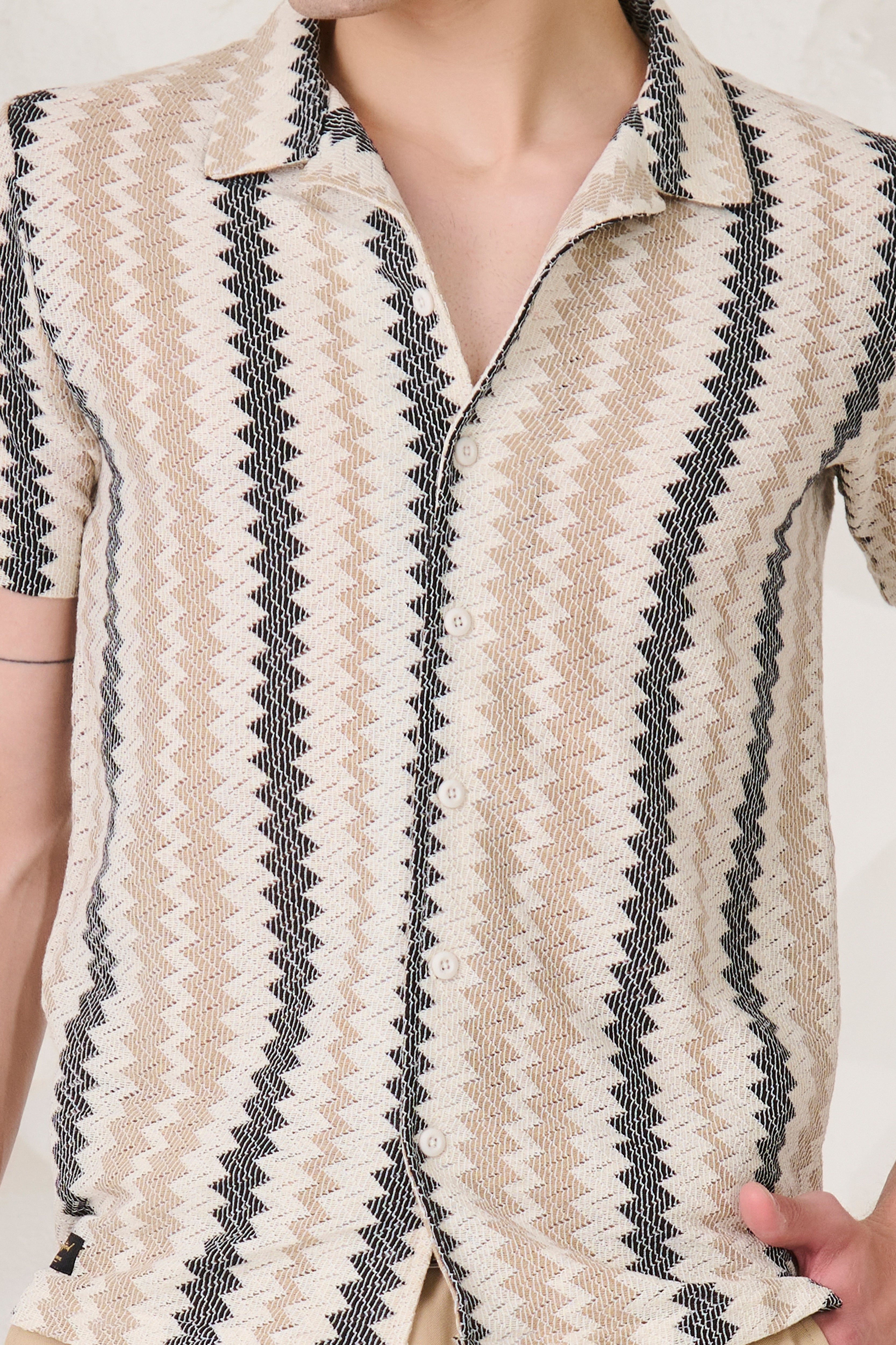 Buy Vertical Waves Textured Cuban Shirt - Offwhite Online Shopping view 3