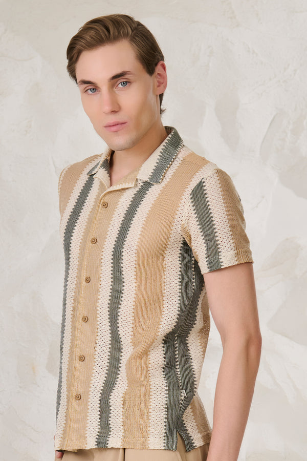 Air Vents Stripe Cuban Shirt - Khaki