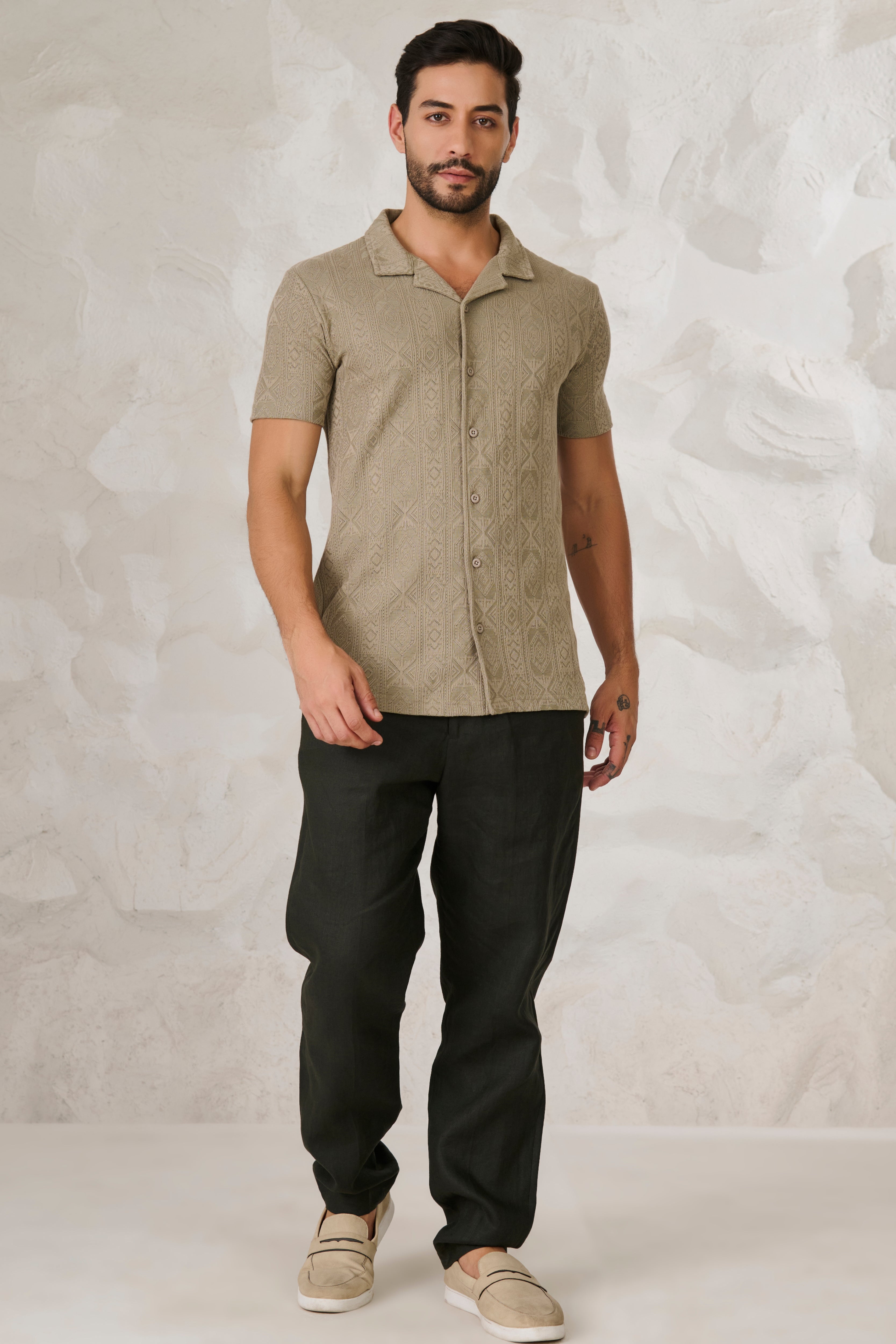 Buy Geometric Textured Stretch Cuban Shirt - Pista Online Shopping view 5