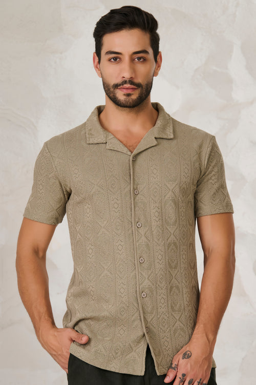 Geometric Textured Stretch Cuban Shirt - Pista
