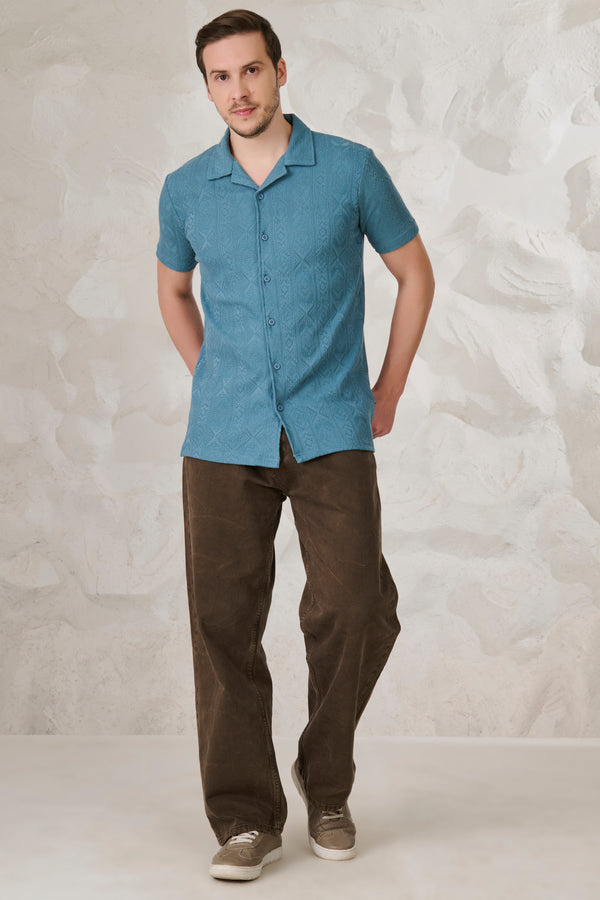 Geometric Textured Stretch Cuban Shirt - Teal