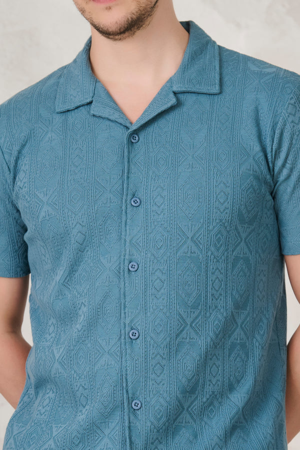 Geometric Textured Stretch Cuban Shirt - Teal
