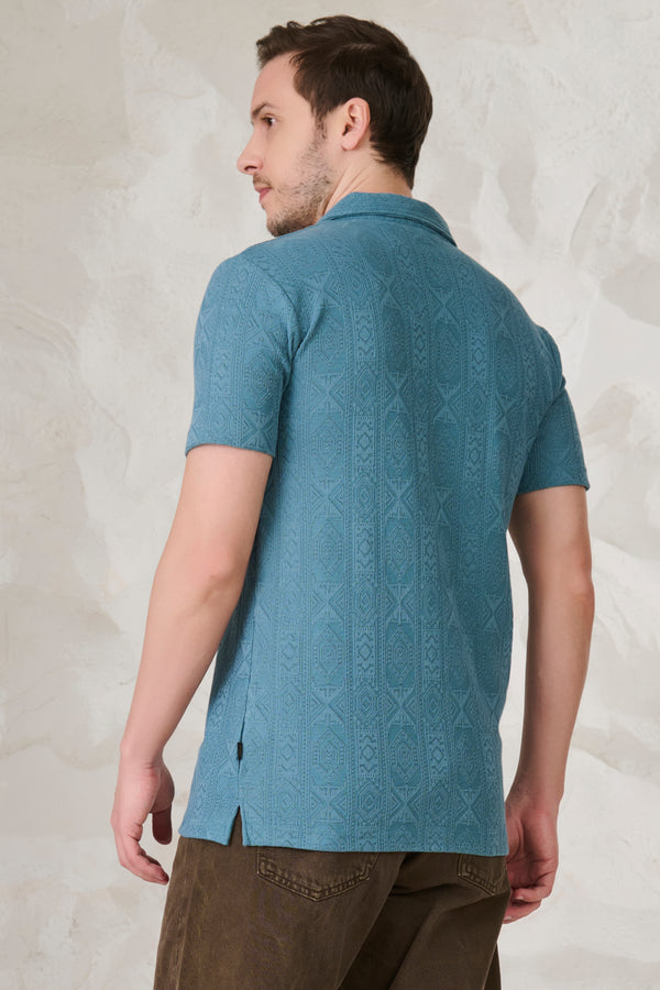 Geometric Textured Stretch Cuban Shirt - Teal
