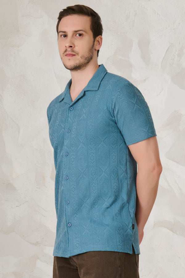 Geometric Textured Stretch Cuban Shirt - Teal