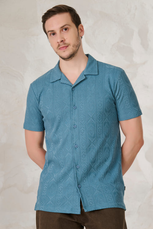 Geometric Textured Stretch Cuban Shirt - Teal
