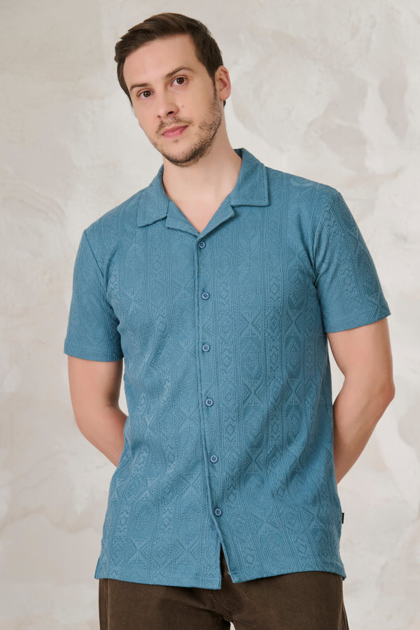 Geometric Textured Stretch Cuban Shirt - Teal