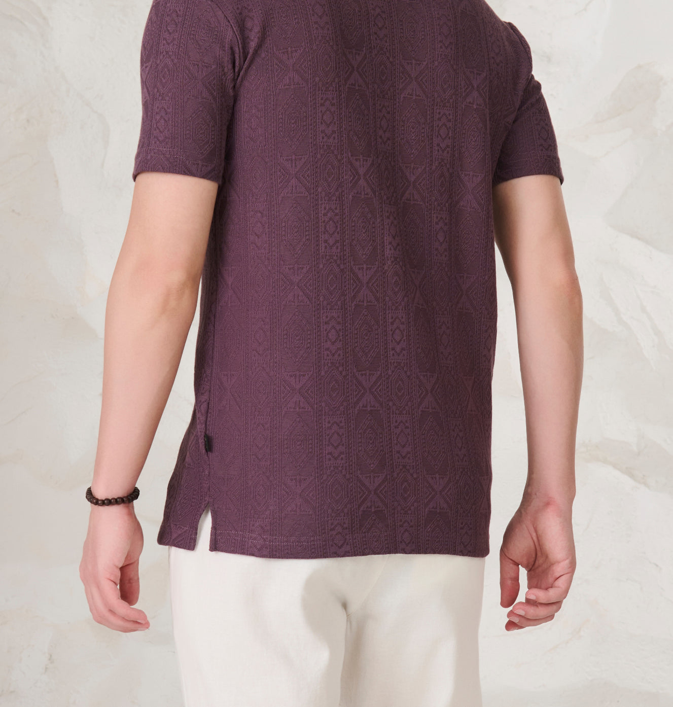 Geometric Textured Stretch Cuban Shirt - Wine