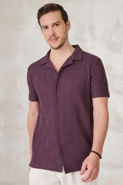 Geometric Textured Stretch Cuban Shirt - Wine