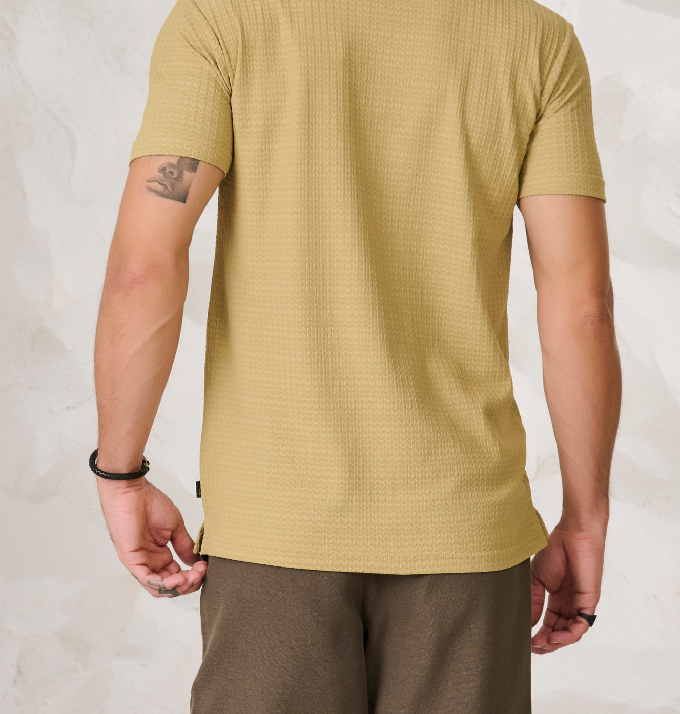 Herringbone Textured Cuban Shirt - Mustard Green