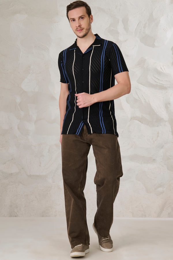 Herringbone Air Vents Cuban Shirt - Black