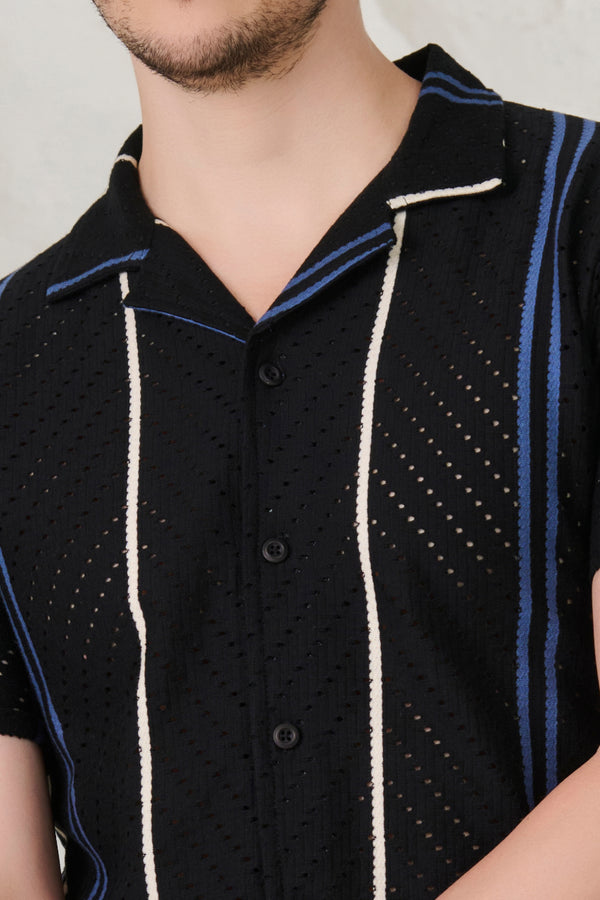 Herringbone Air Vents Cuban Shirt - Black