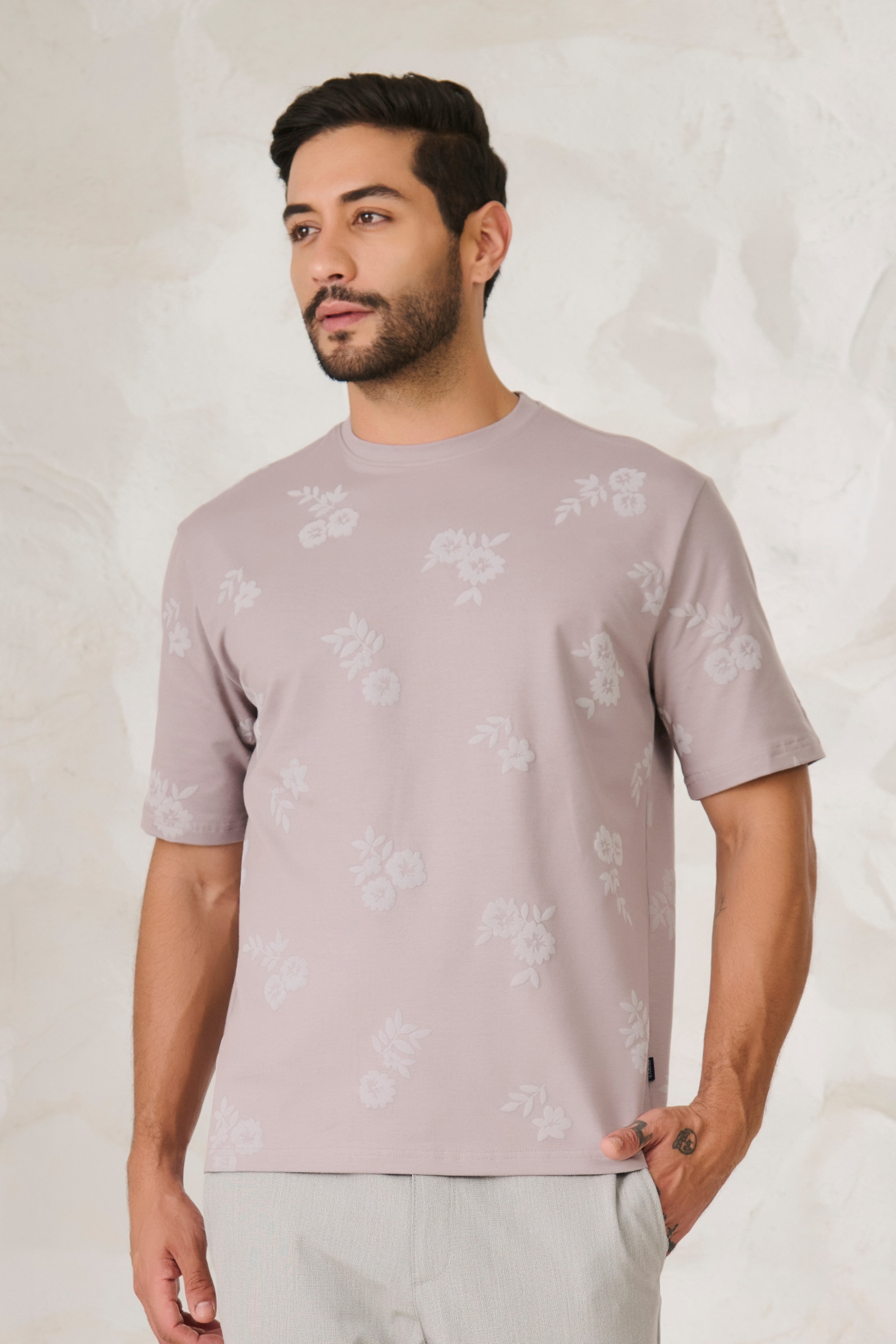 Buy Twin Flower Oversized Stretch T-Shirt - Grey Online Shopping view 1