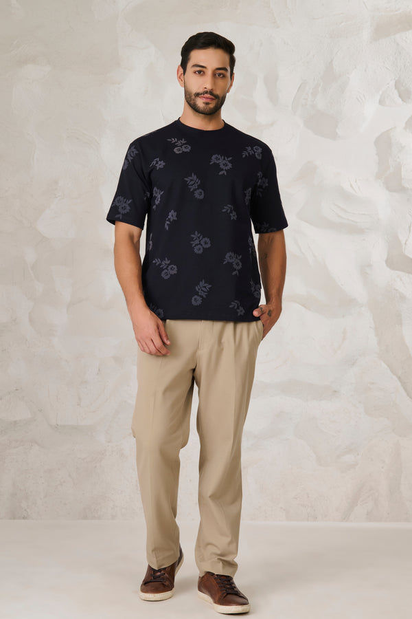 Twin Flower Oversized Stretch T-Shirt - Navy