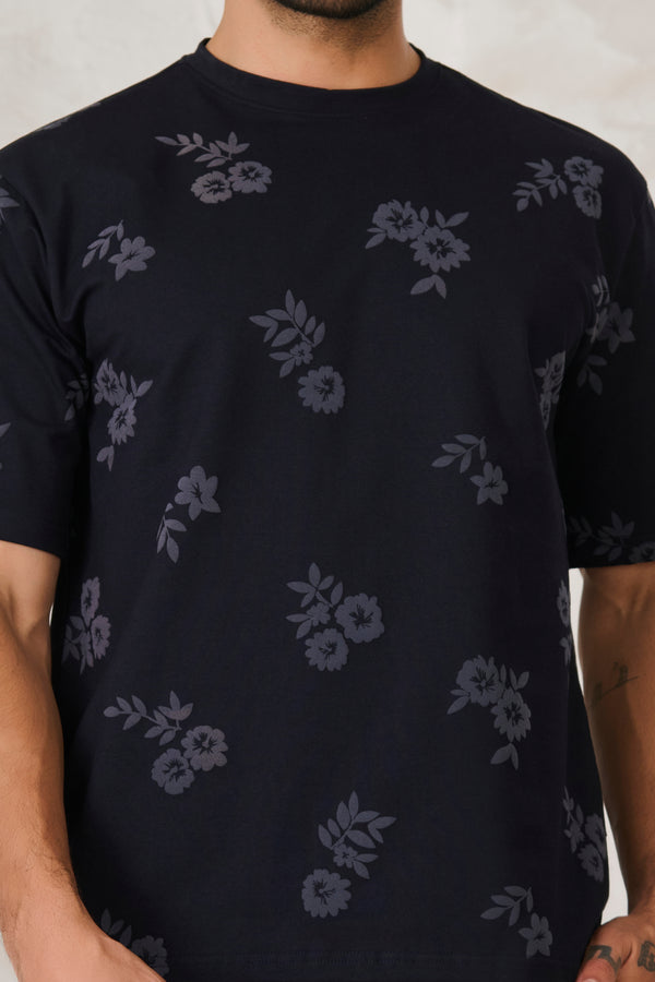 Twin Flower Oversized Stretch T-Shirt - Navy