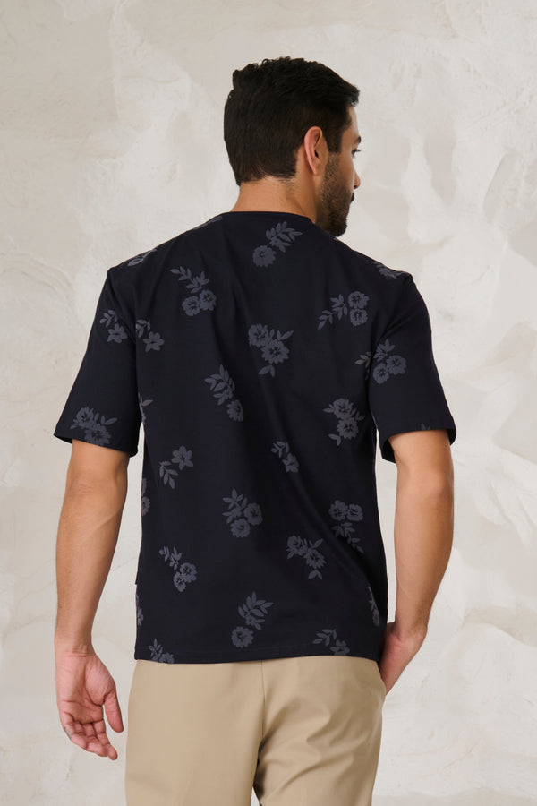 Twin Flower Oversized Stretch T-Shirt - Navy