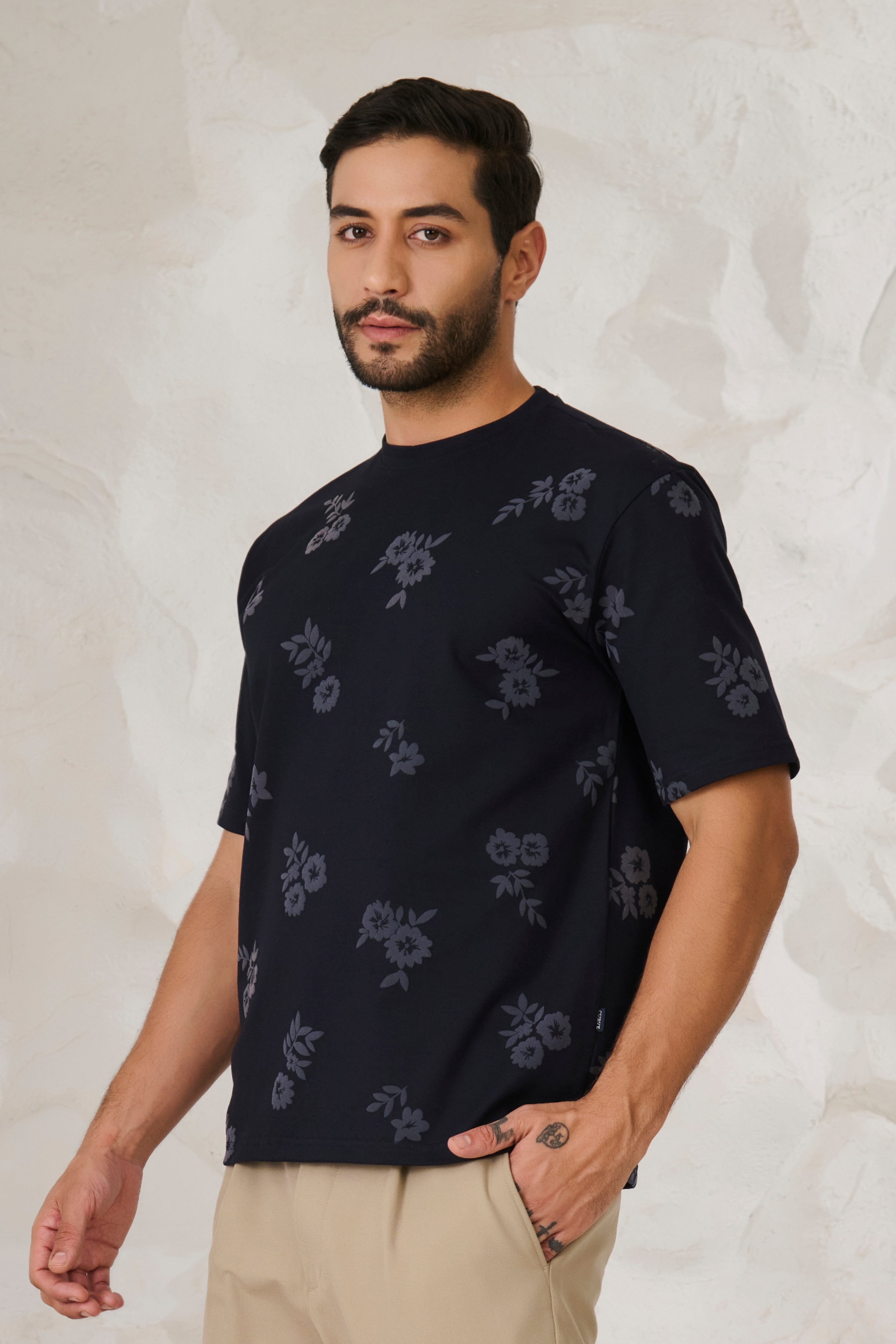 Buy Twin Flower Oversized Stretch T-Shirt - Navy Online Shopping view 2