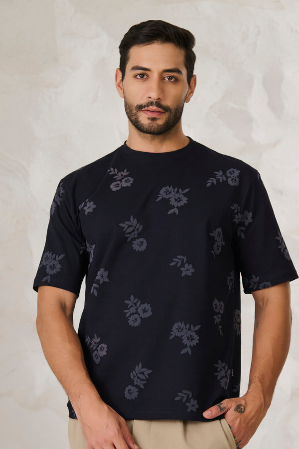 Twin Flower Oversized Stretch T-Shirt - Navy