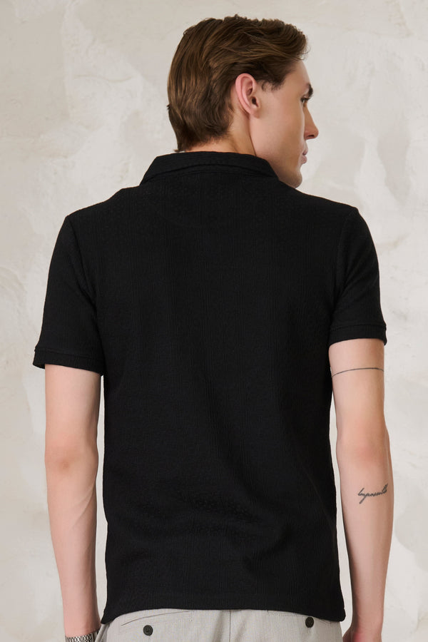 Tile Textured Cuban Performance T-Shirt - Black