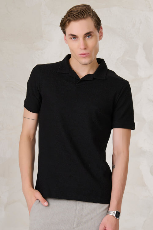 Tile Textured Cuban Performance T-Shirt - Black