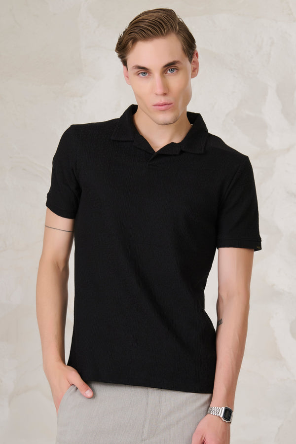 Tile Textured Cuban Performance T-Shirt - Black