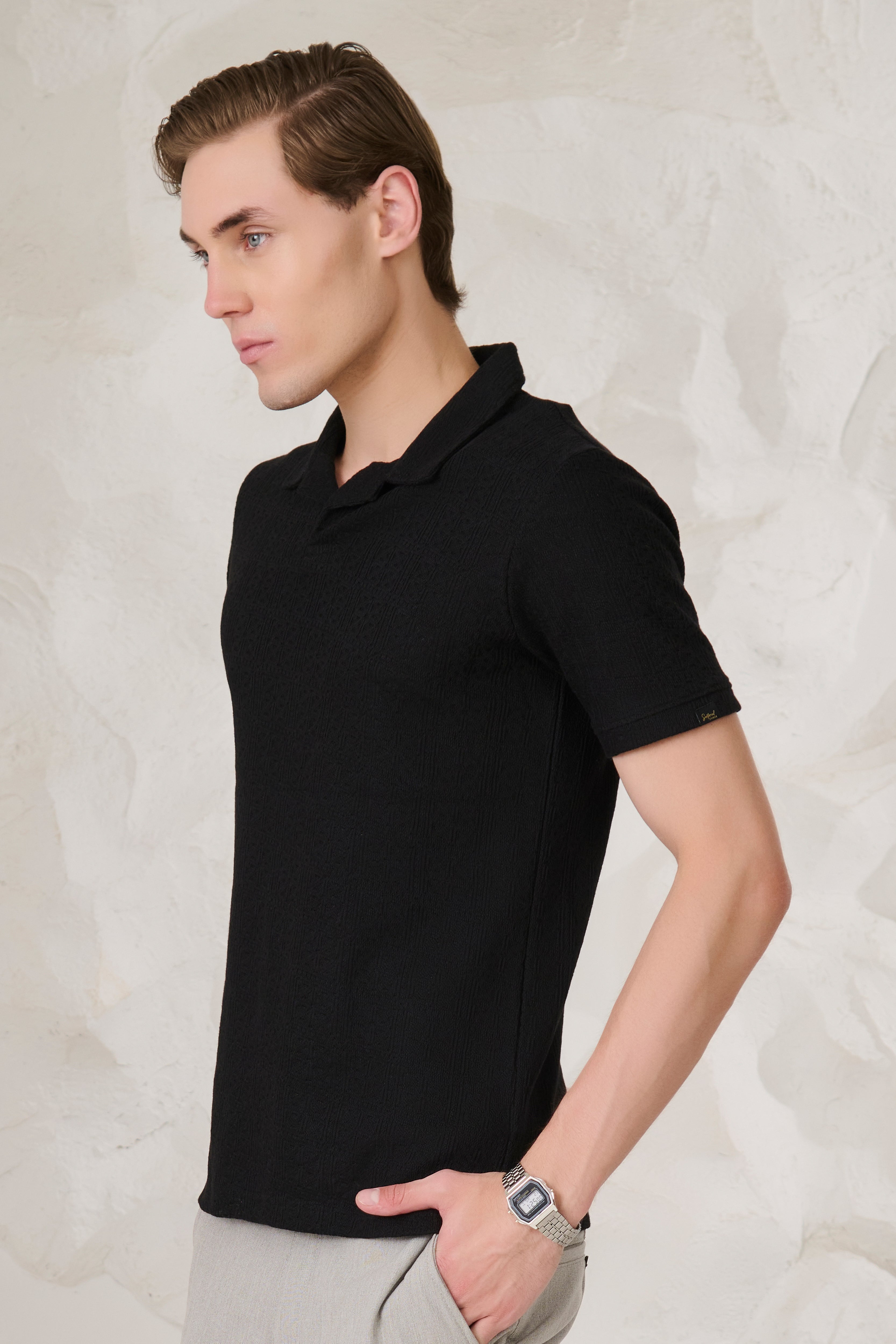Buy Tile Textured Cuban Performance T-Shirt - Black Online Shopping view 2