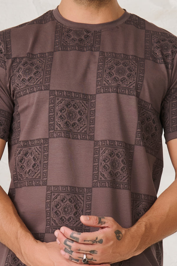 Ethnic Tiles Stretch T-Shirt - Brown