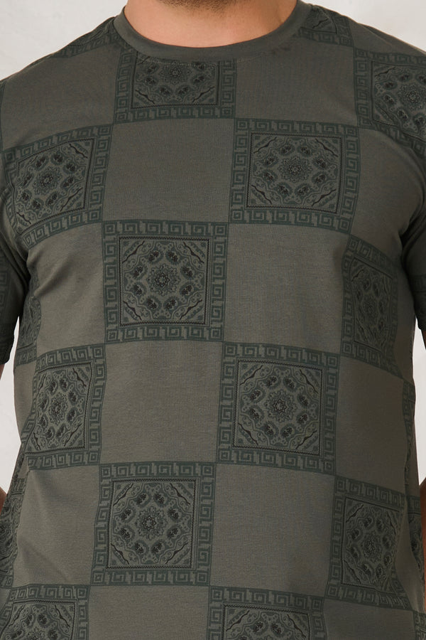 Ethnic Tiles Stretch T-Shirt - Olive