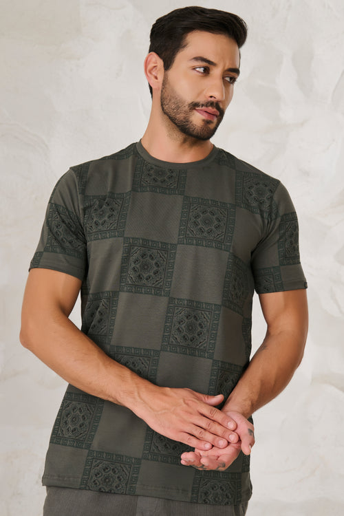 Ethnic Tiles Stretch T-Shirt - Olive