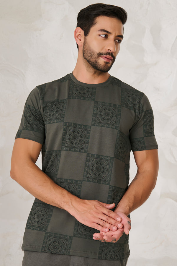 Ethnic Tiles Stretch T-Shirt - Olive