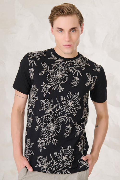 Dahlia Doodle Stretch T-Shirt - Black