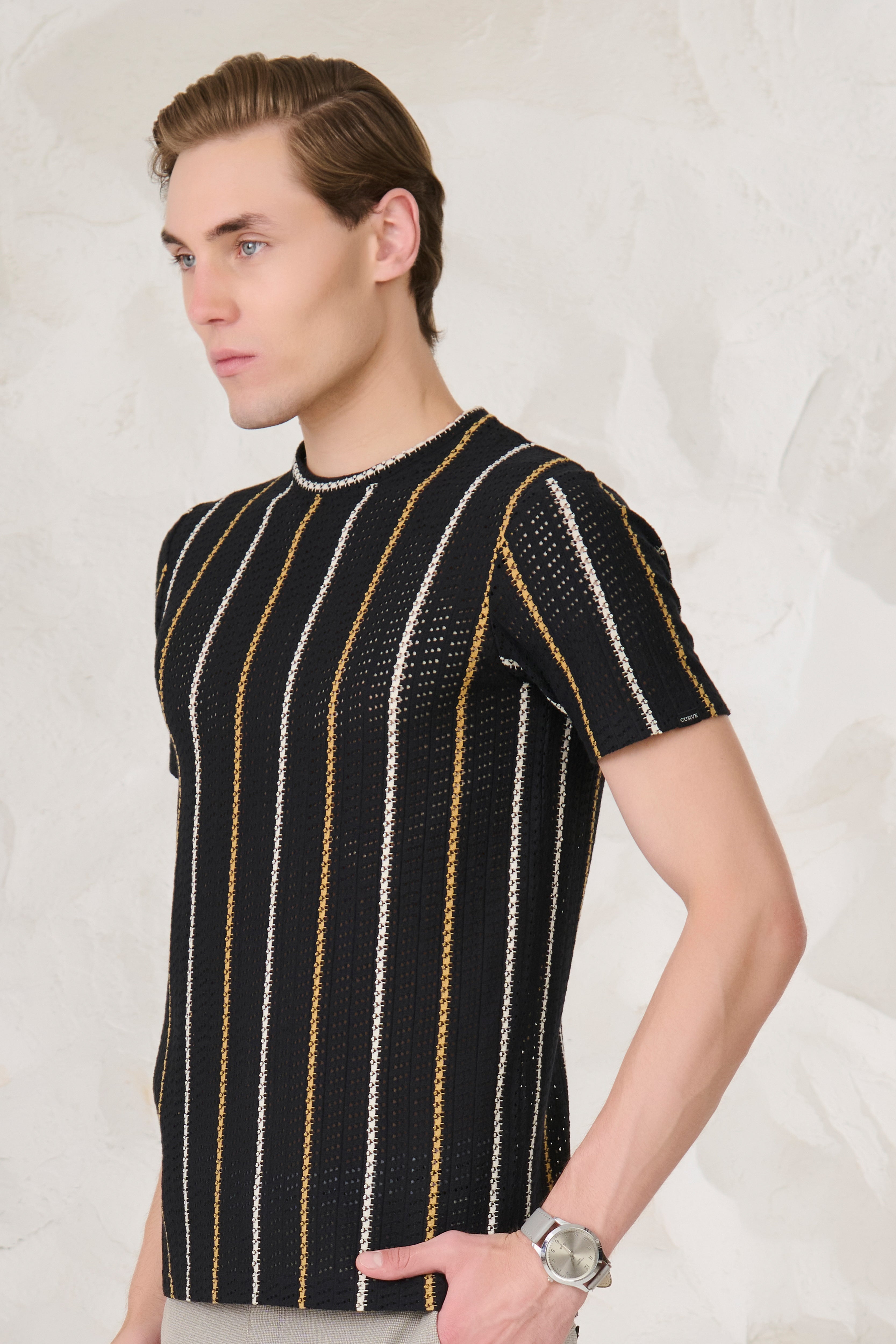 Buy Air Vents Stripes T-Shirt - Black Online Shopping view 2