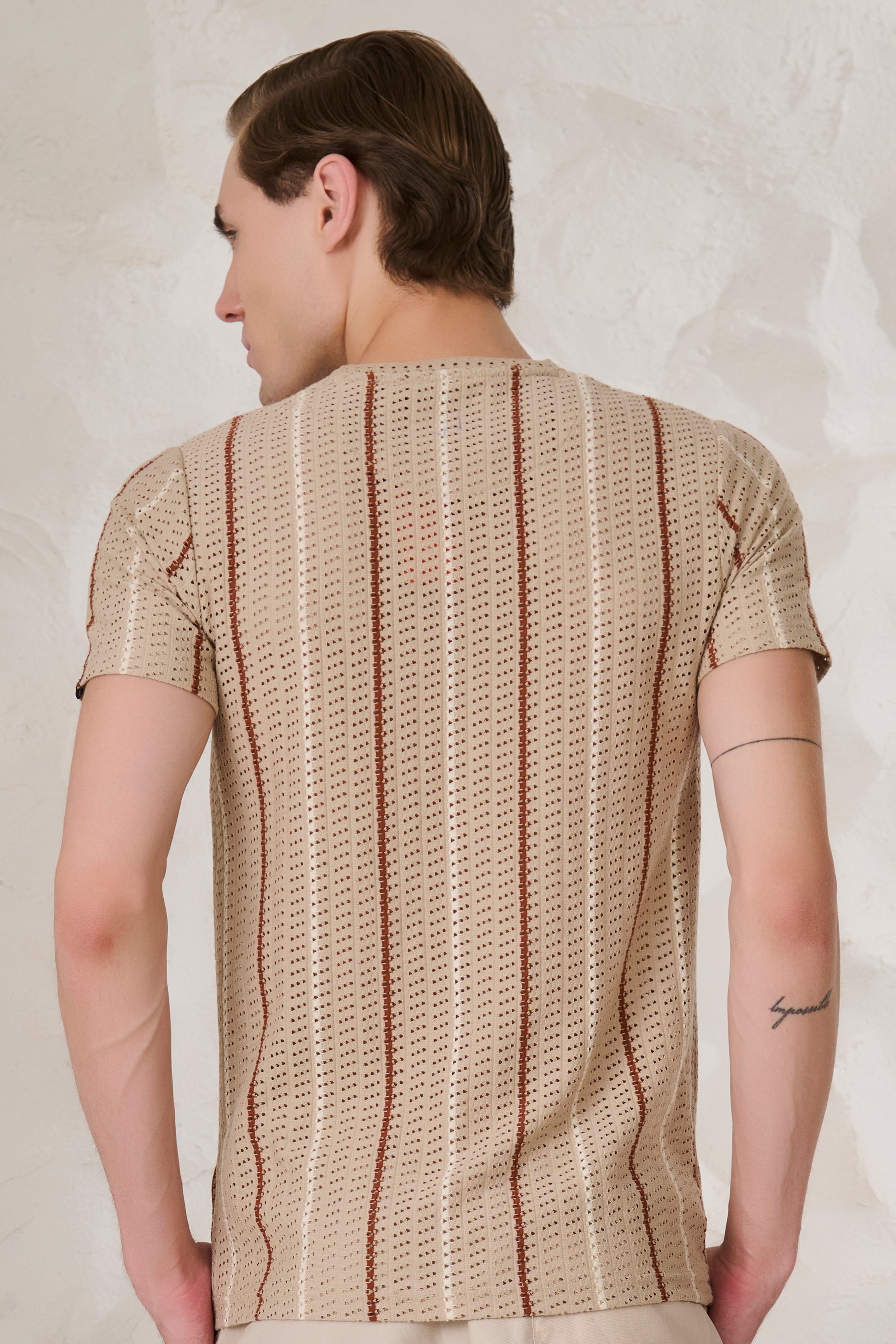Buy Air Vents Stripes T-Shirt - Beige Online Shopping view 3