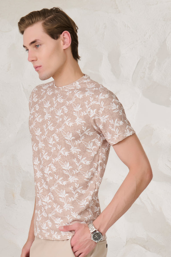 All Over Leaves T-Shirt - Beige